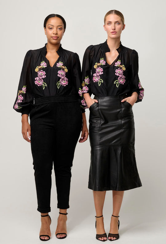 OnceWas PETITE Catalina Embroidered Cotton Silk Blouse in Black Flores