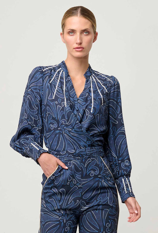 OnceWas Adela Embroidered Linen Viscose Blouse in Altamira