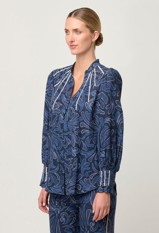OnceWas Adela Embroidered Linen Viscose Blouse in Altamira