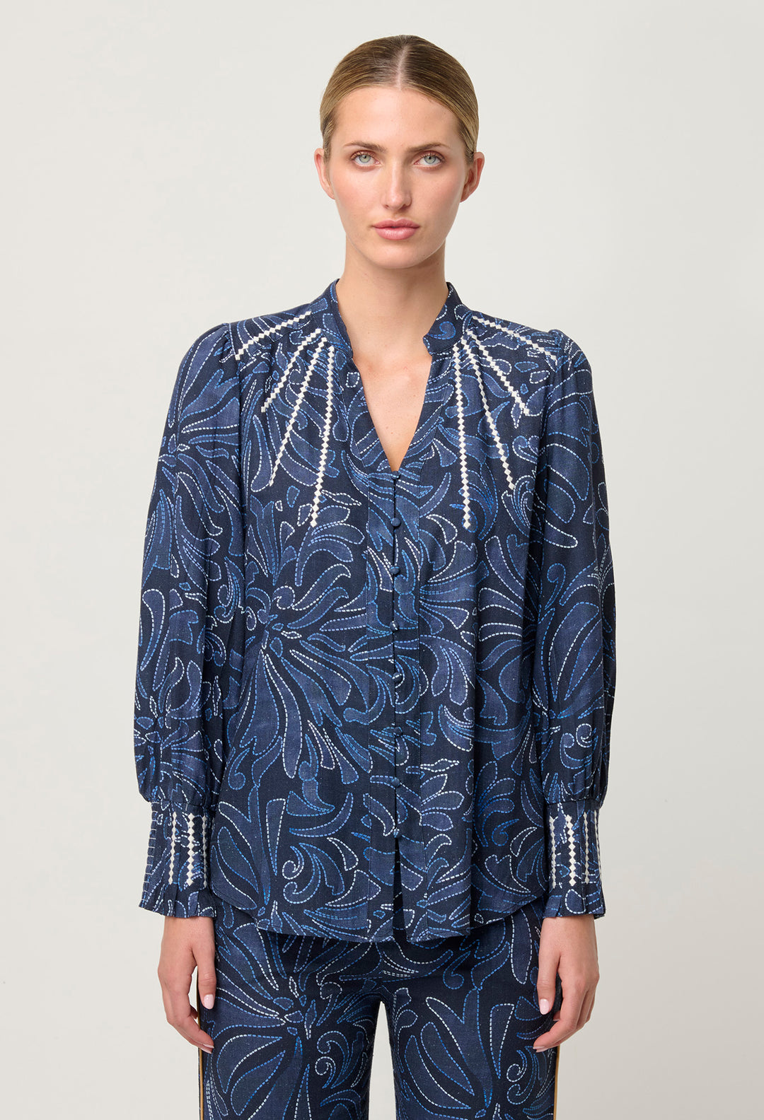 OnceWas Adela Embroidered Linen Viscose Blouse in Altamira