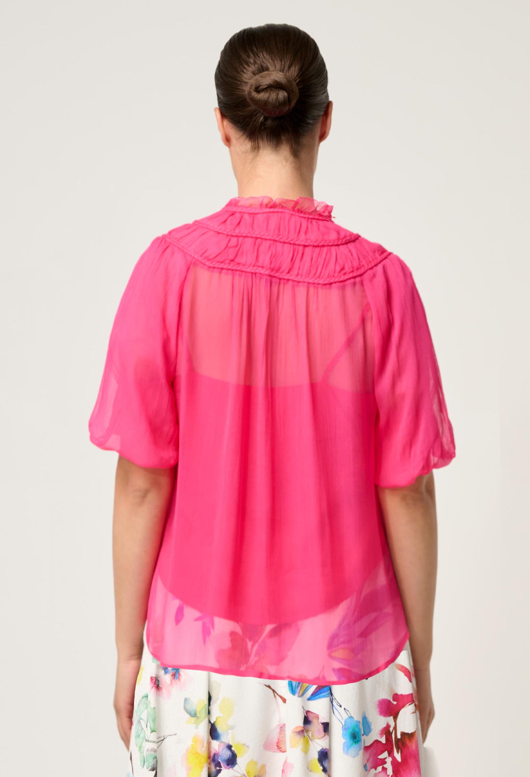 OnceWas Selini Braided Neck Viscose Chiffon Blouse in Celosia Pink