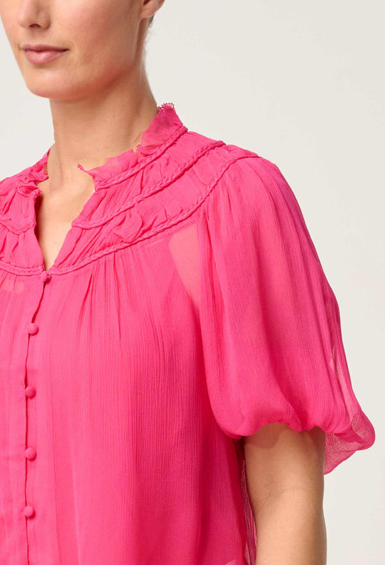 OnceWas Selini Braided Neck Viscose Chiffon Blouse in Celosia Pink