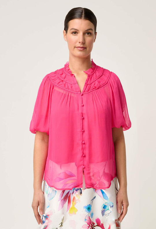 OnceWas Selini Braided Neck Viscose Chiffon Blouse in Celosia Pink