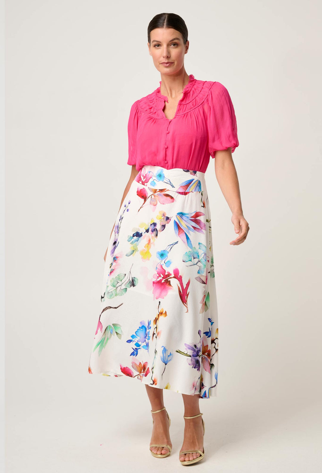 OnceWas Selini Braided Neck Viscose Chiffon Blouse in Celosia Pink