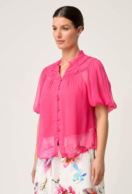 OnceWas Selini Braided Neck Viscose Chiffon Blouse in Celosia Pink