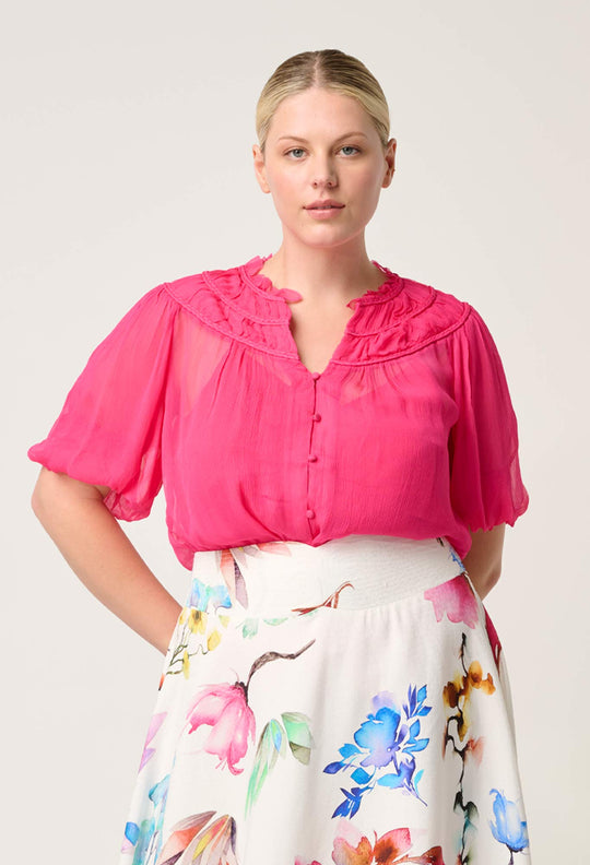 OnceWas Selini Braided Neck Viscose Chiffon Blouse in Celosia Pink