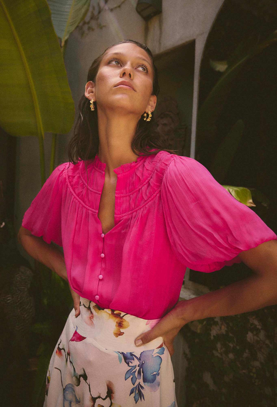 OnceWas Selini Braided Neck Viscose Chiffon Blouse in Celosia Pink