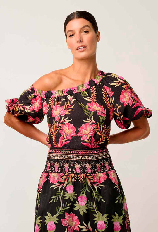 OnceWas Juno Viscose One Shoulder Top in Anthos Lótos