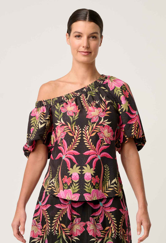 OnceWas Juno Viscose One Shoulder Top in Anthos Lótos