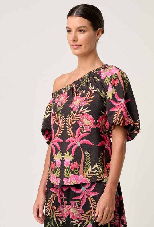 OnceWas Juno Viscose One Shoulder Top in Anthos Lótos