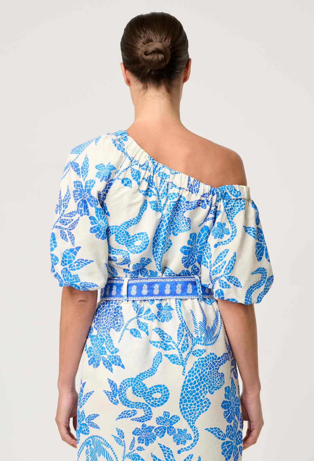 OnceWas Juno Viscose One Shoulder Top in Azure Mosaic