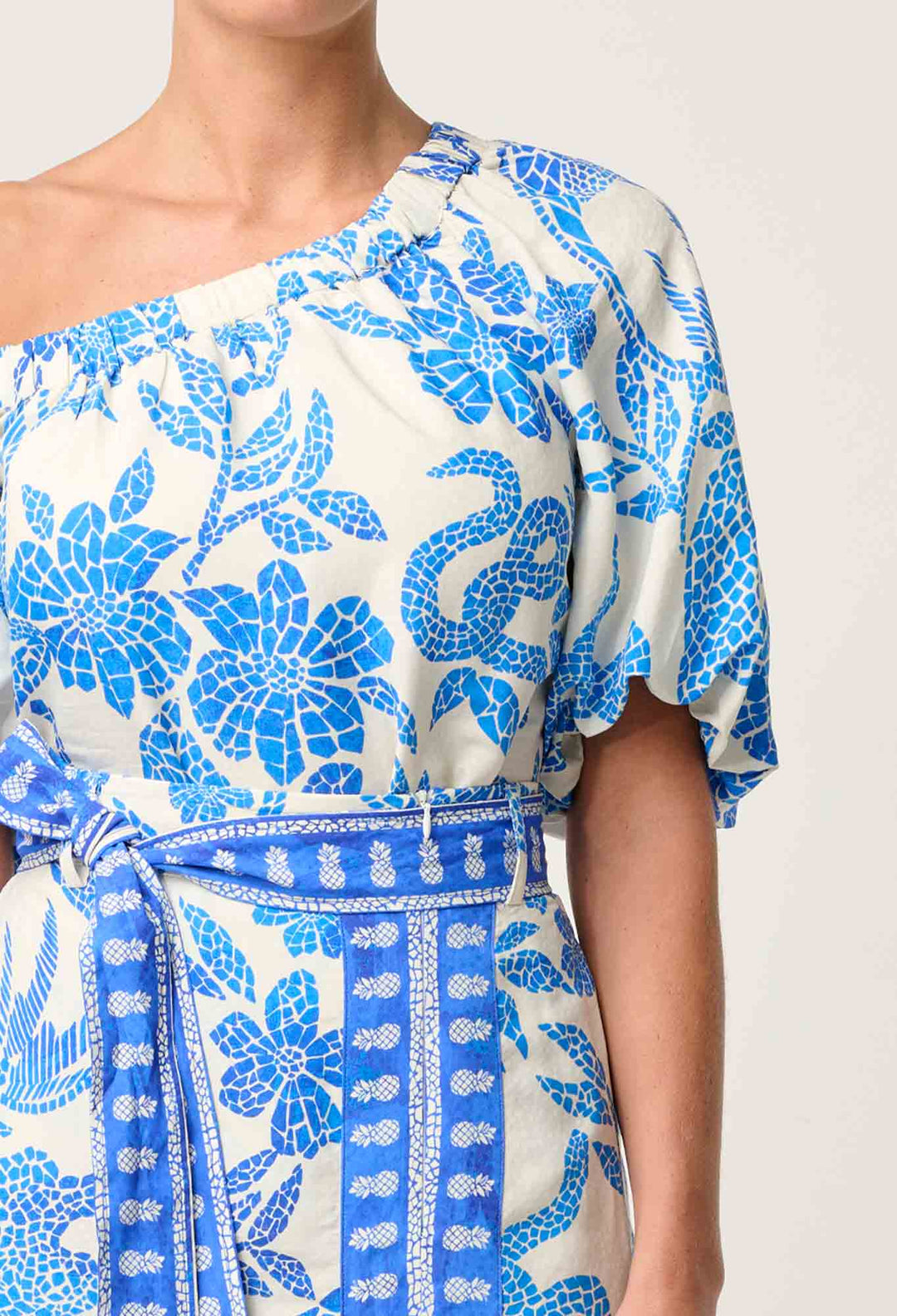 OnceWas Juno Viscose One Shoulder Top in Azure Mosaic