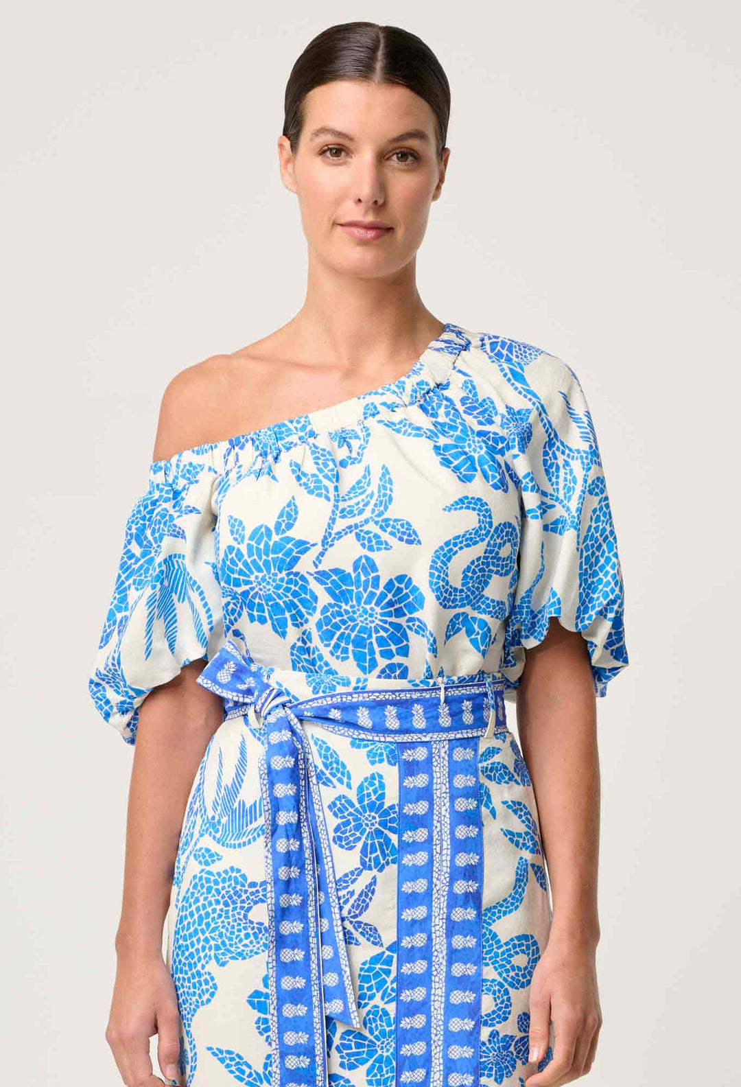 OnceWas Juno Viscose One Shoulder Top in Azure Mosaic