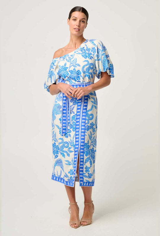 OnceWas Juno Viscose One Shoulder Top in Azure Mosaic