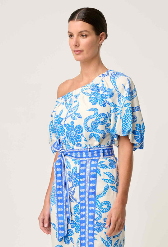 OnceWas Juno Viscose One Shoulder Top in Azure Mosaic