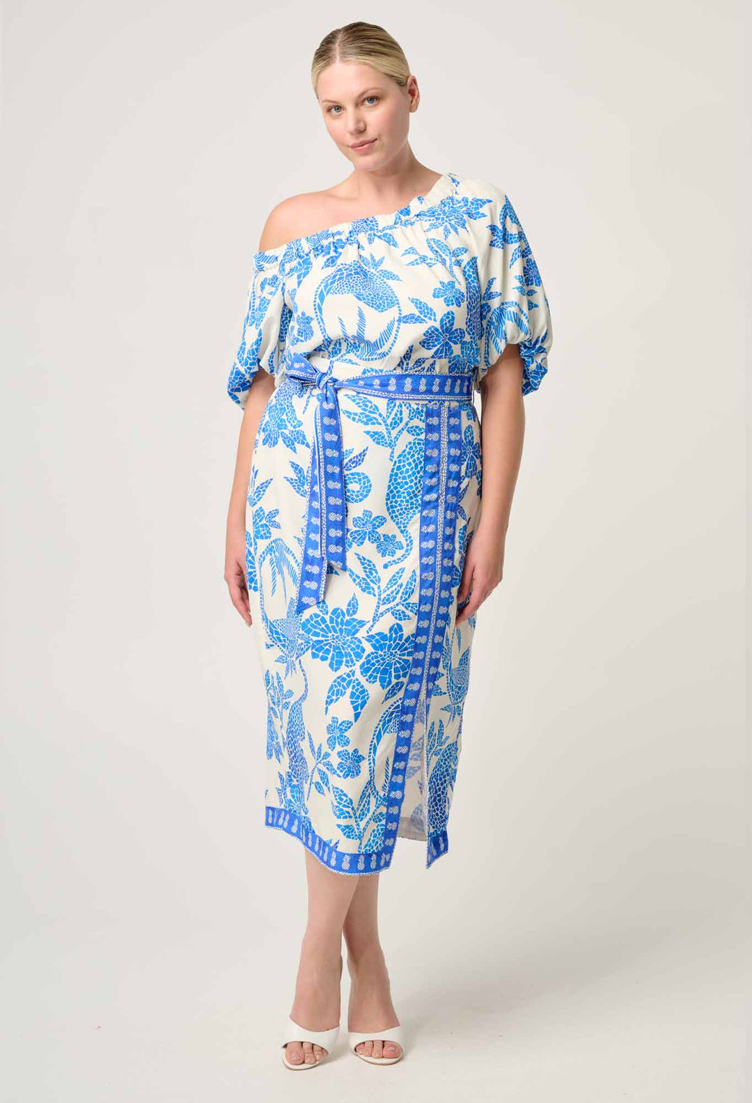 OnceWas Juno Viscose One Shoulder Top in Azure Mosaic