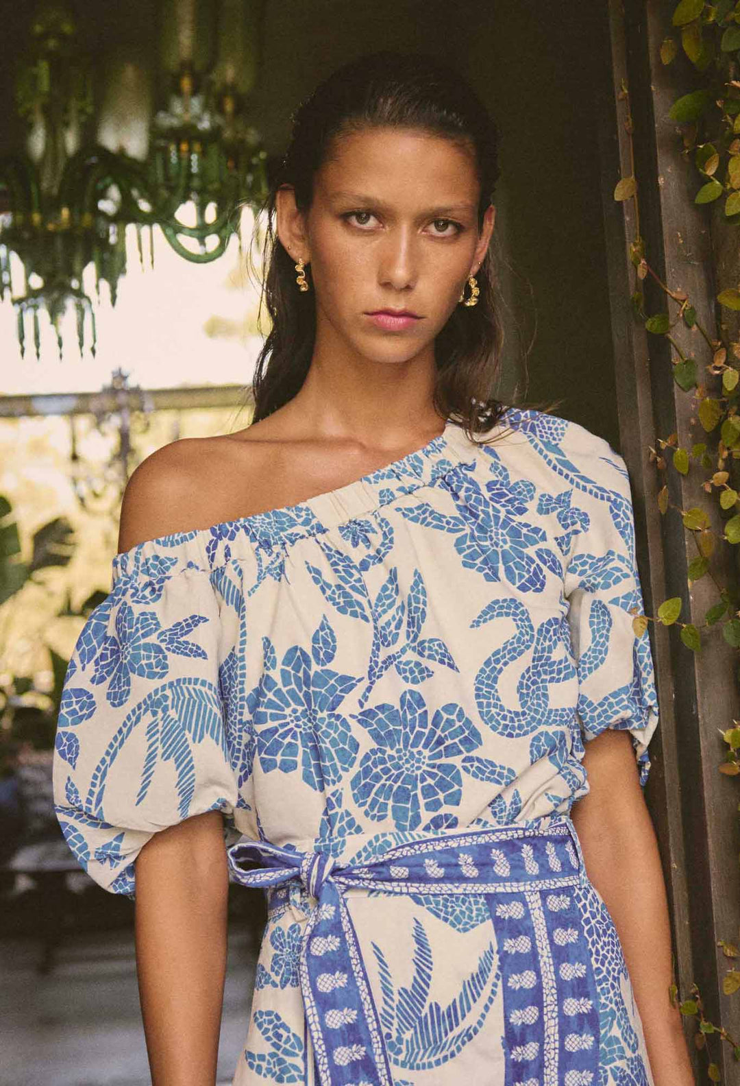 OnceWas Juno Viscose One Shoulder Top in Azure Mosaic
