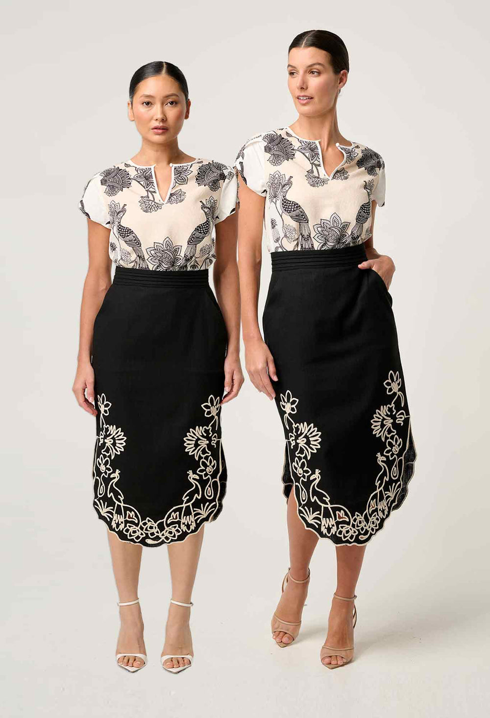 PETITE Cascadia Embroidered Linen Viscose Midi Skirt in Black