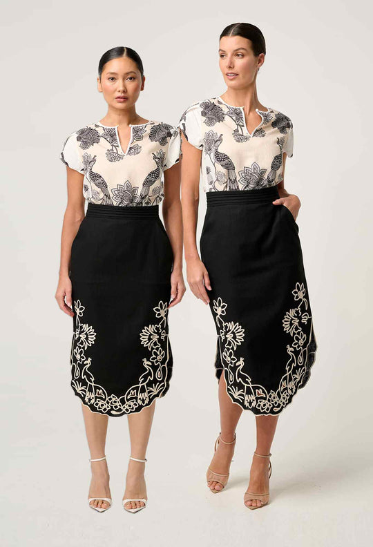 PETITE Cascadia Embroidered Linen Viscose Midi Skirt in Black