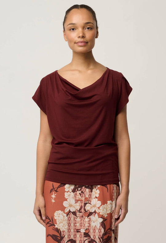 Marisol Cowl Neck Cap Jersey Top in Rosewood