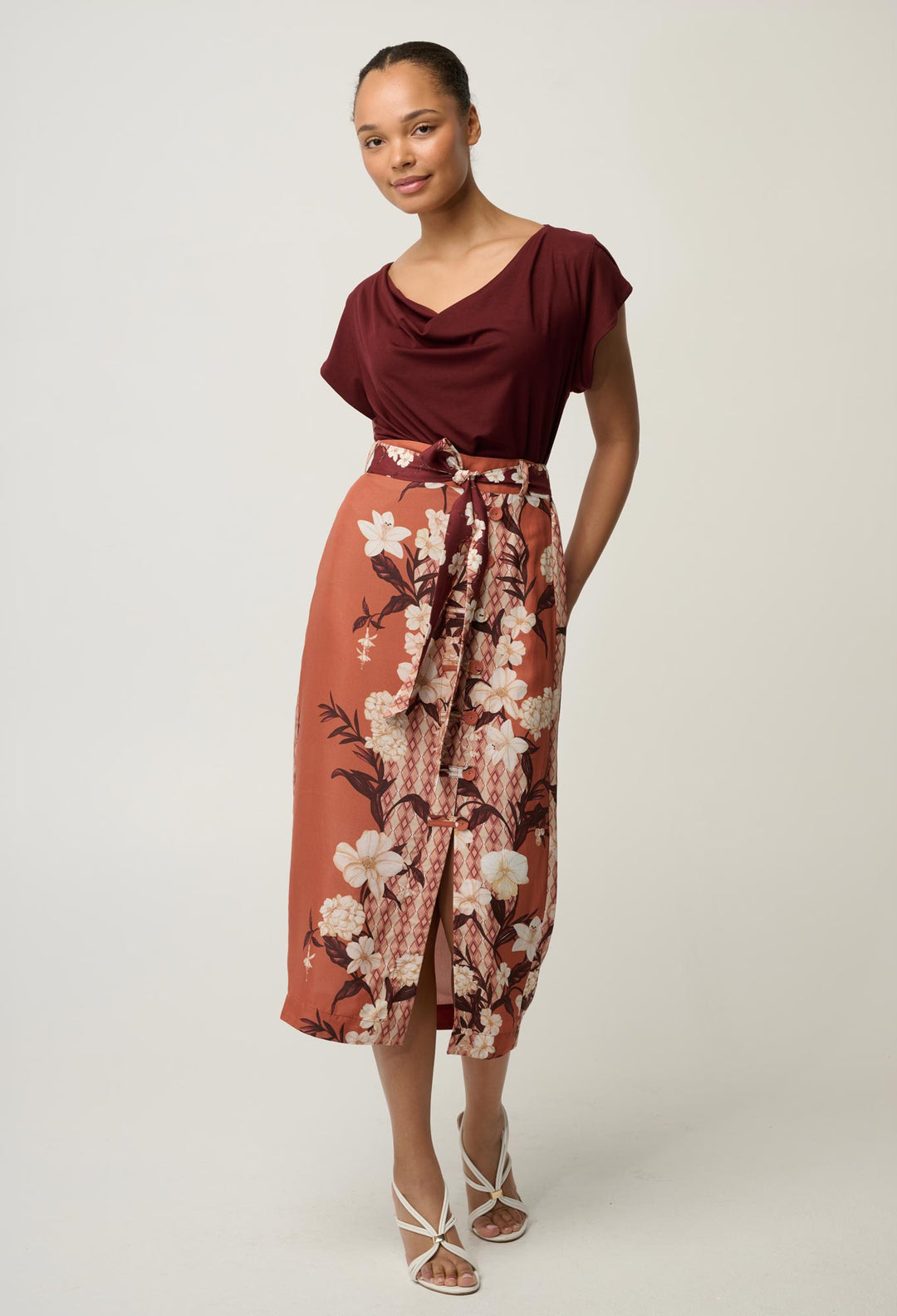 Marisol Cowl Neck Cap Jersey Top in Rosewood
