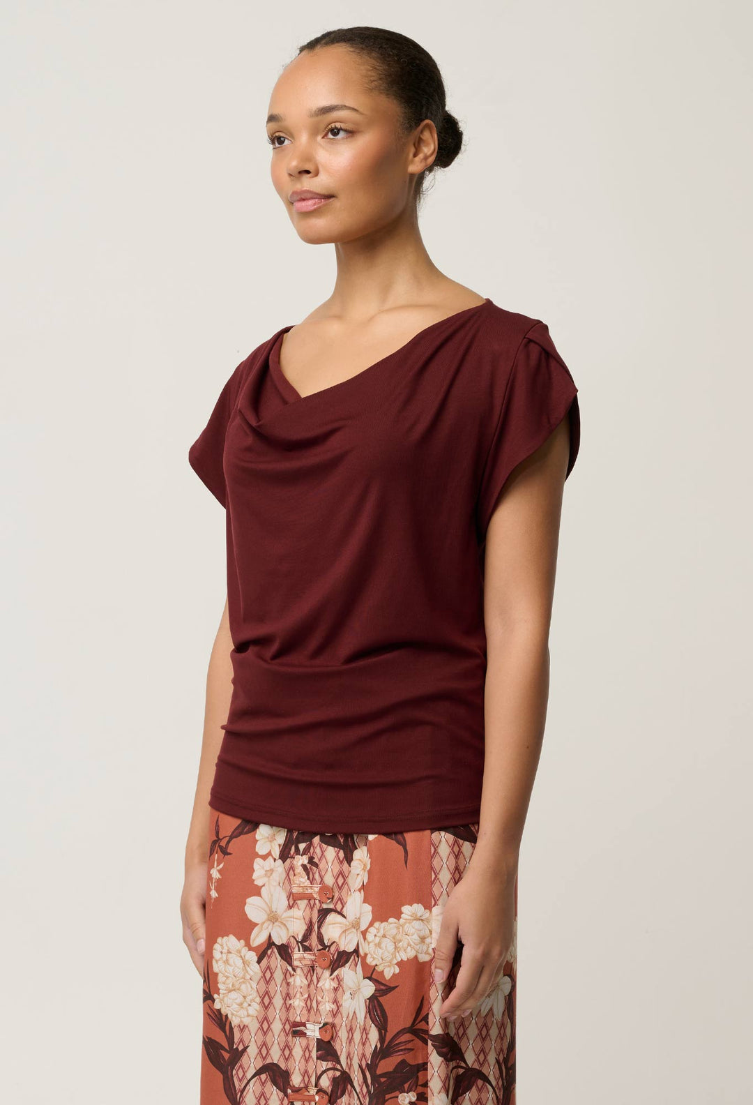 Marisol Cowl Neck Cap Jersey Top in Rosewood