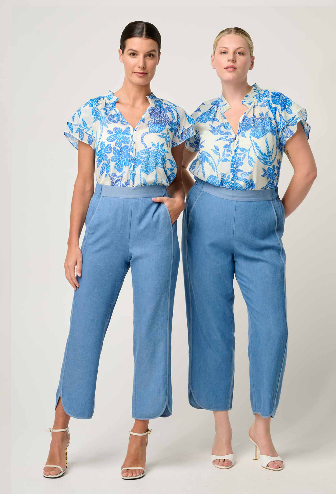 OnceWas Calandra Silk Cotton Flutter Sleeve Top in Azure Mosaic