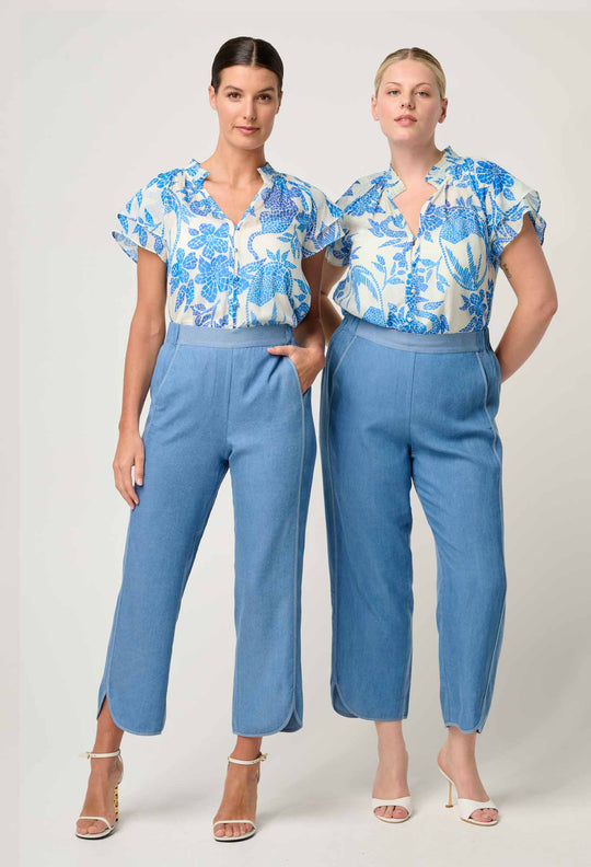 OnceWas Calandra Silk Cotton Flutter Sleeve Top in Azure Mosaic