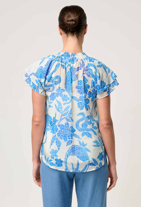 OnceWas Calandra Silk Cotton Flutter Sleeve Top in Azure Mosaic
