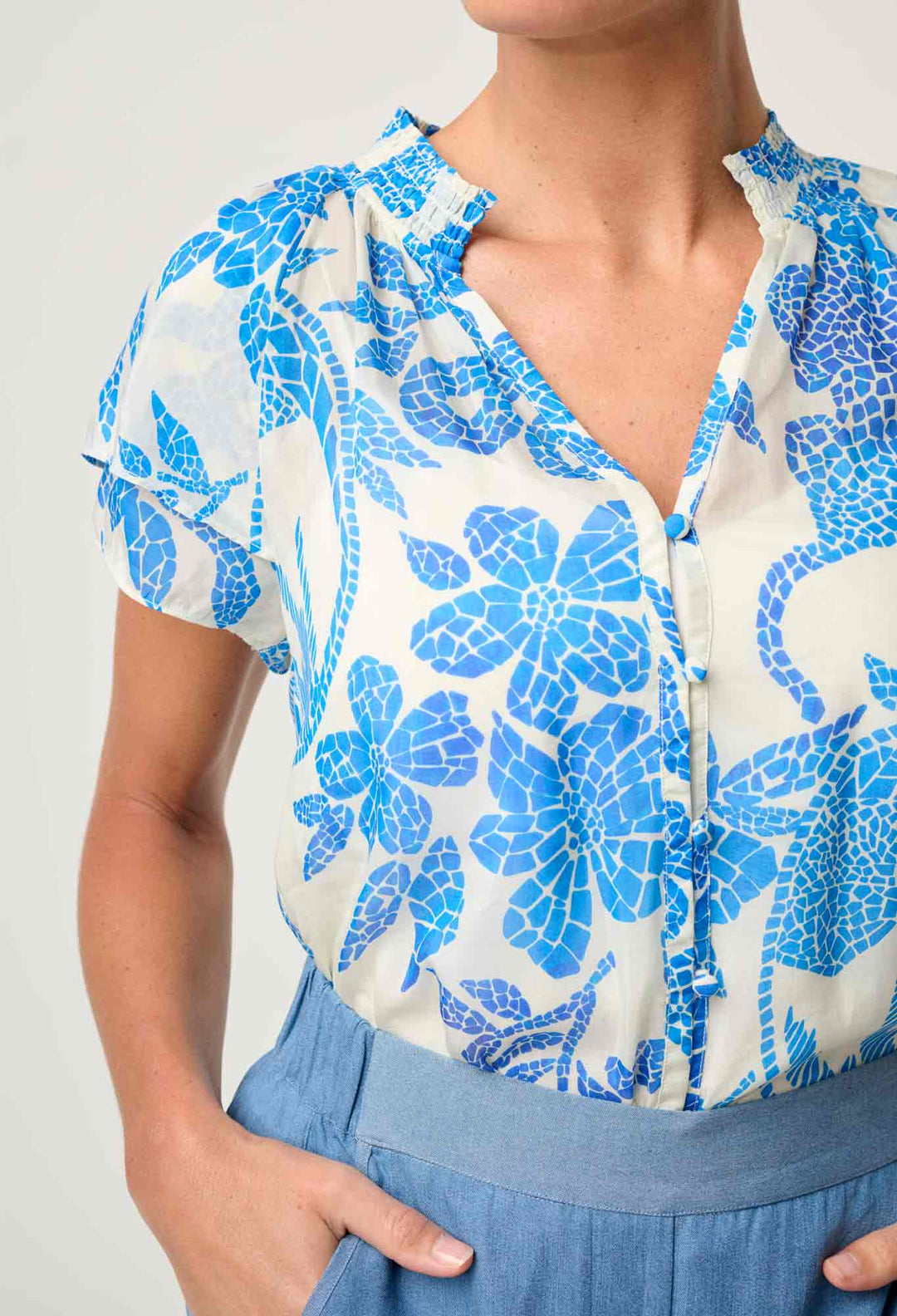 OnceWas Calandra Silk Cotton Flutter Sleeve Top in Azure Mosaic