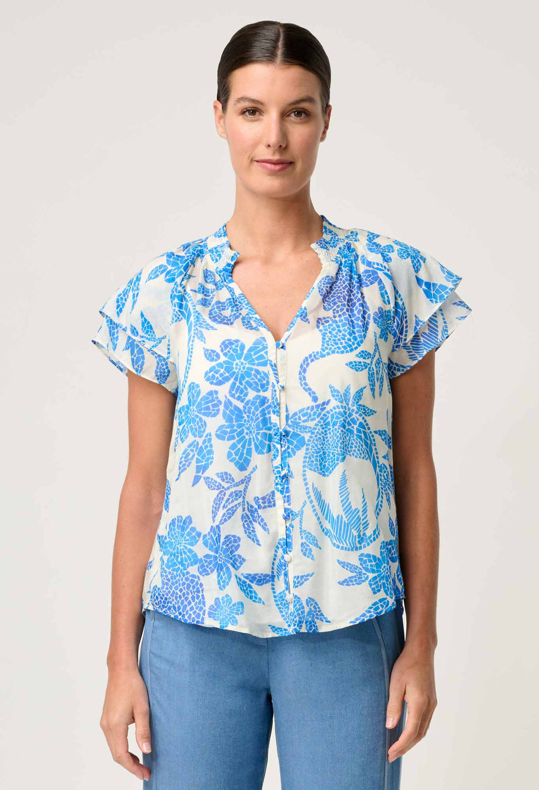 OnceWas Calandra Silk Cotton Flutter Sleeve Top in Azure Mosaic