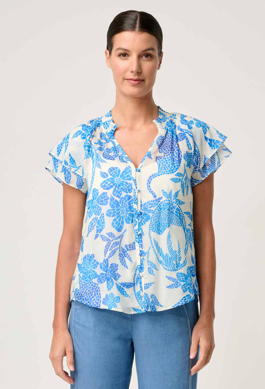 OnceWas Calandra Silk Cotton Flutter Sleeve Top in Azure Mosaic