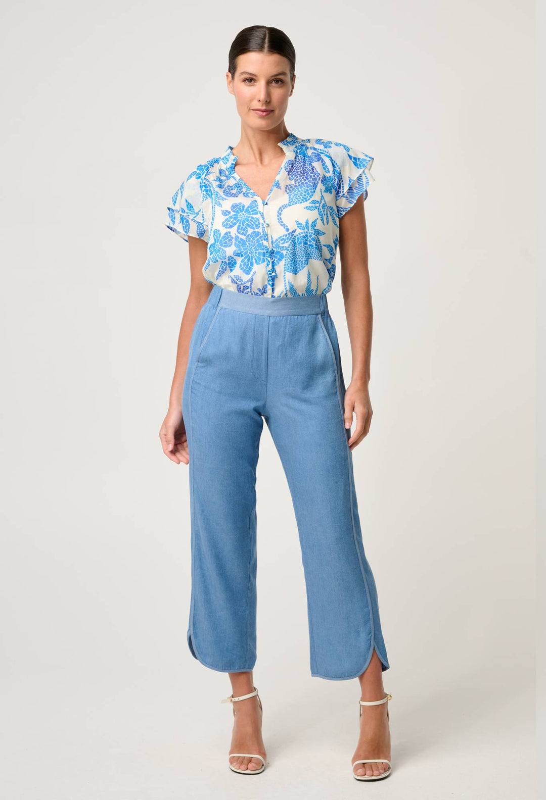 OnceWas Calandra Silk Cotton Flutter Sleeve Top in Azure Mosaic