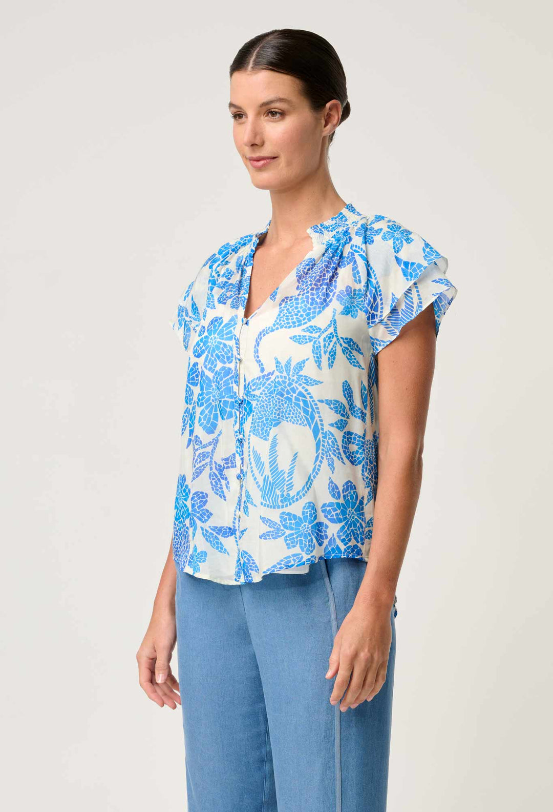OnceWas Calandra Silk Cotton Flutter Sleeve Top in Azure Mosaic