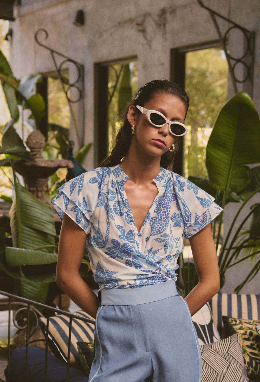 OnceWas Calandra Silk Cotton Flutter Sleeve Top in Azure Mosaic