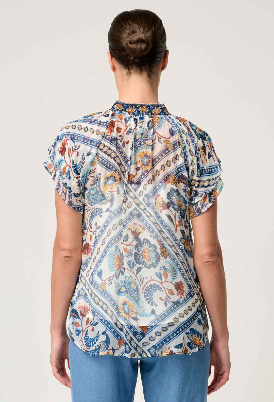 OnceWas Calandra Viscose Yoryu Flutter Sleeve Top in Petinos Floros