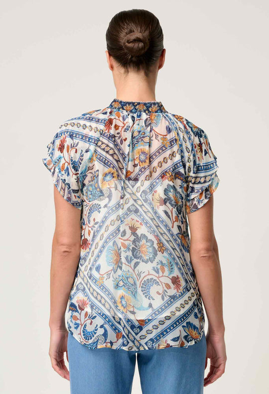OnceWas Calandra Viscose Yoryu Flutter Sleeve Top in Petinos Floros