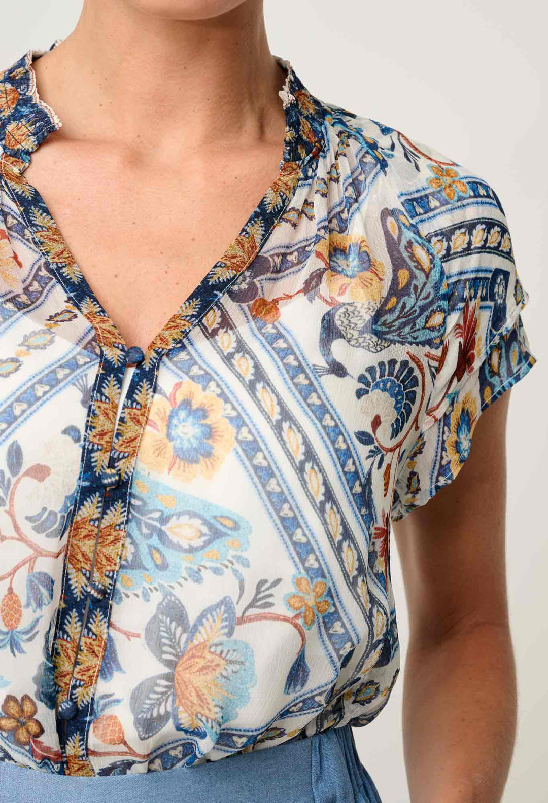 OnceWas Calandra Viscose Yoryu Flutter Sleeve Top in Petinos Floros