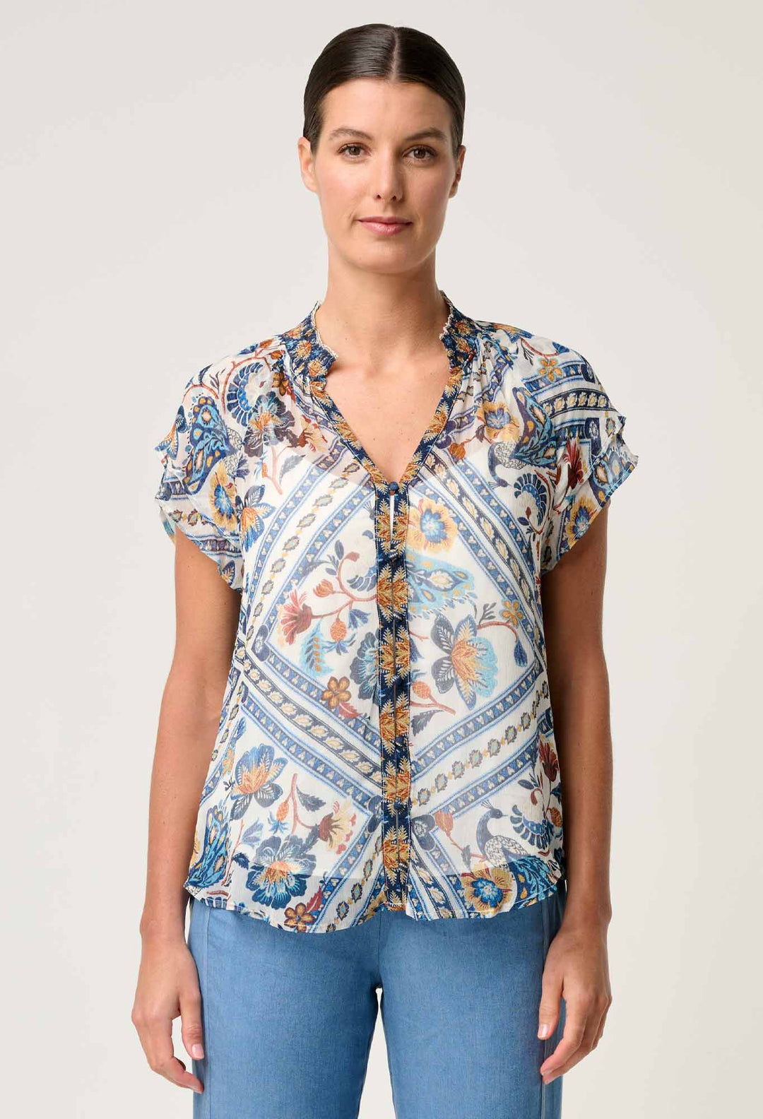 OnceWas Calandra Viscose Yoryu Flutter Sleeve Top in Petinos Floros