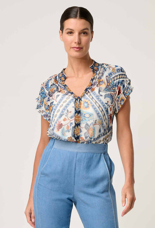OnceWas Calandra Viscose Yoryu Flutter Sleeve Top in Petinos Floros