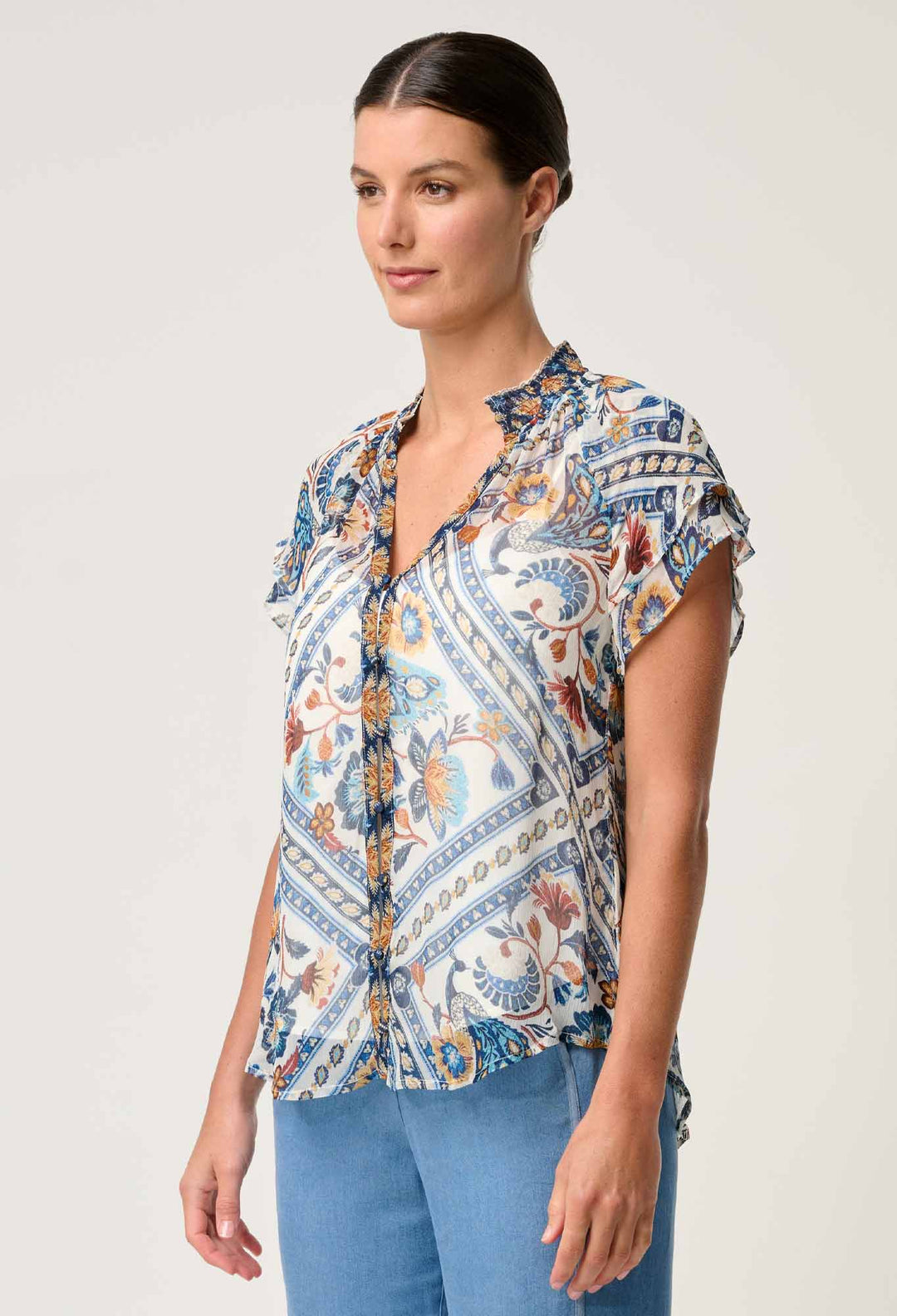 OnceWas Calandra Viscose Yoryu Flutter Sleeve Top in Petinos Floros