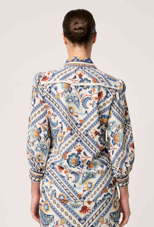 OnceWas Alexis Linen Viscose Fringe Shirt in Petinos Floros