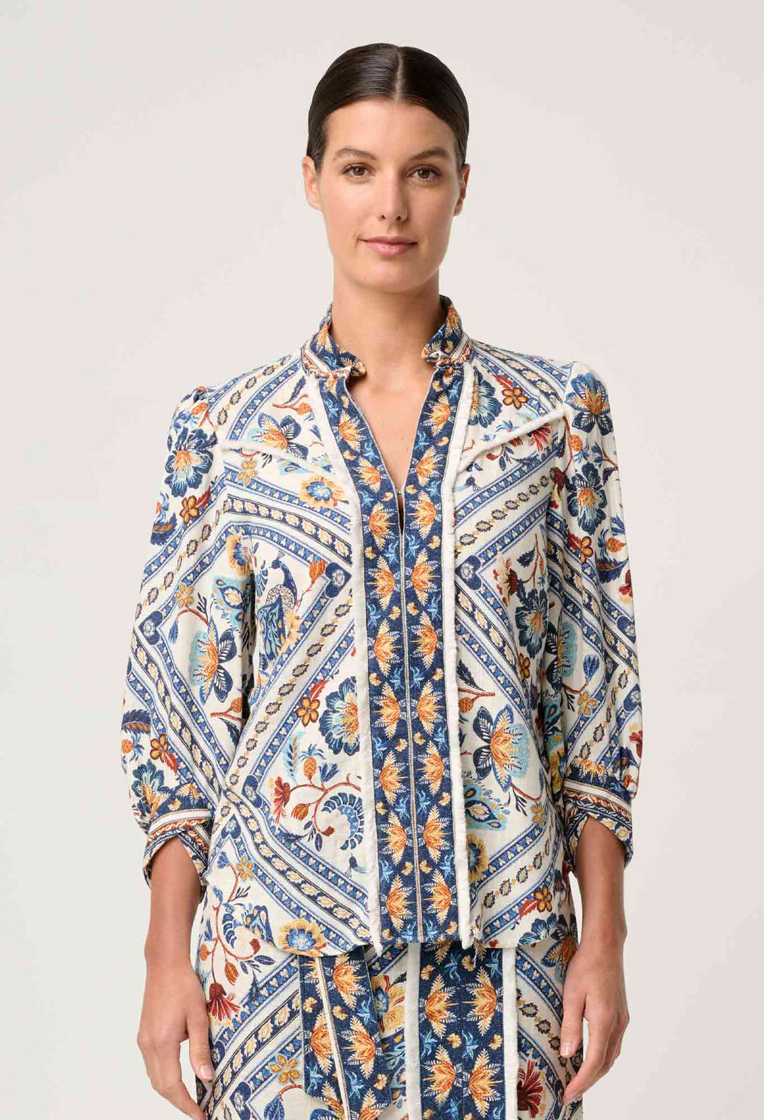 OnceWas Alexis Linen Viscose Fringe Shirt in Petinos Floros