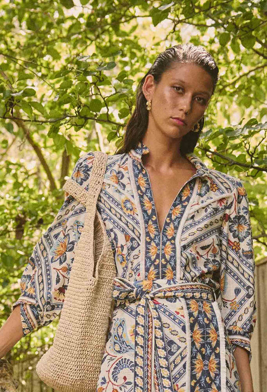 OnceWas Alexis Linen Viscose Fringe Shirt in Petinos Floros