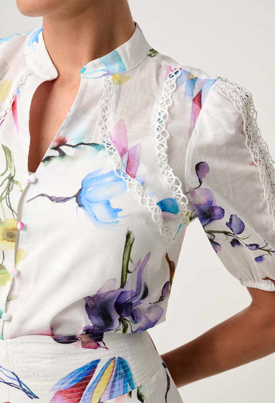 Thalia Lace Cotton Slub Shirt in Plume Blossom