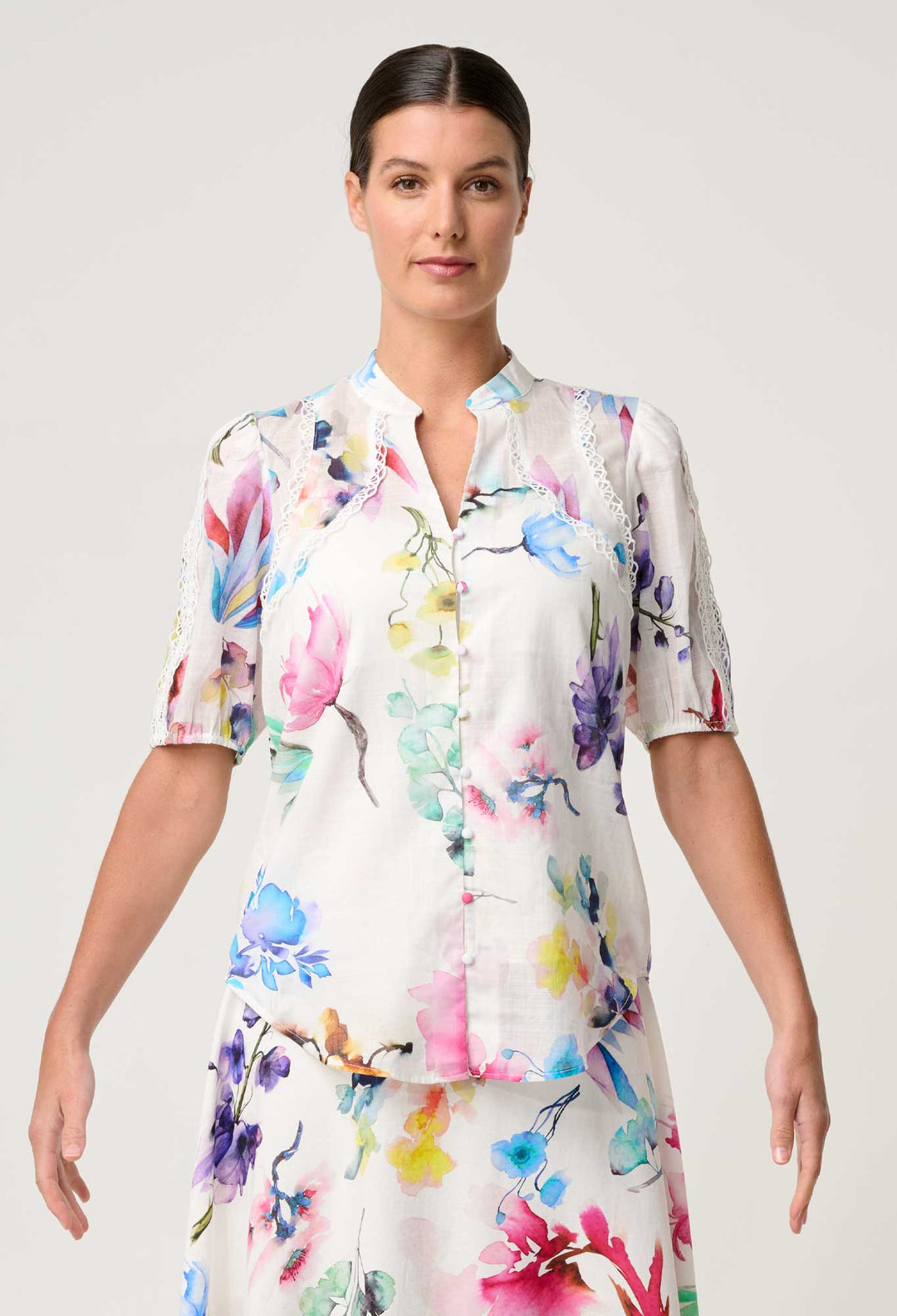 Thalia Lace Cotton Slub Shirt in Plume Blossom