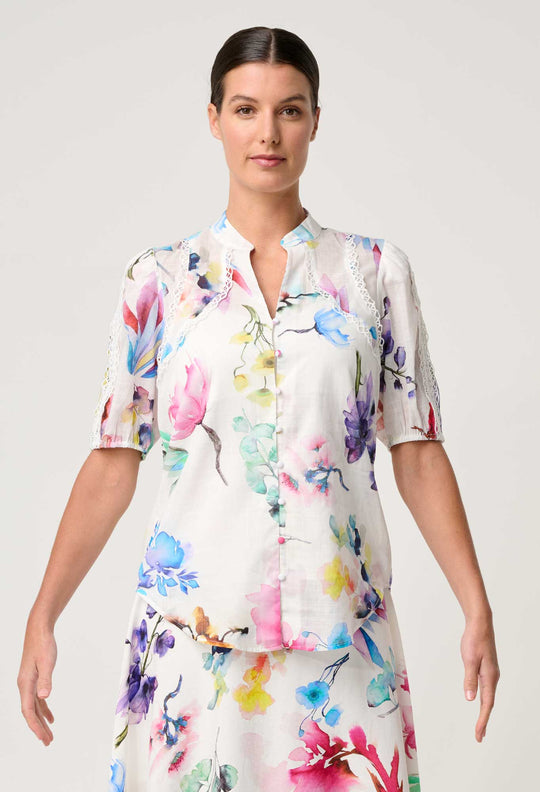 Thalia Lace Cotton Slub Shirt in Plume Blossom