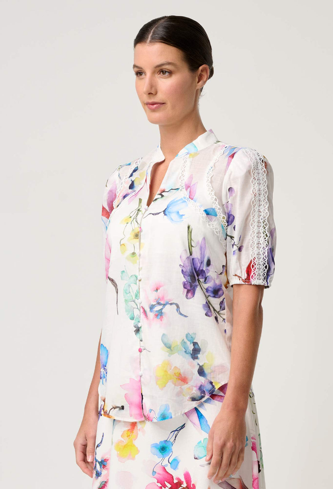 Thalia Lace Cotton Slub Shirt in Plume Blossom