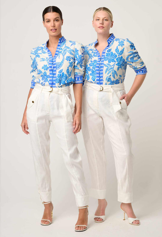 OnceWas Calantha Viscose Dobby Ruched Sleeve Shirt in Azure Mosaic