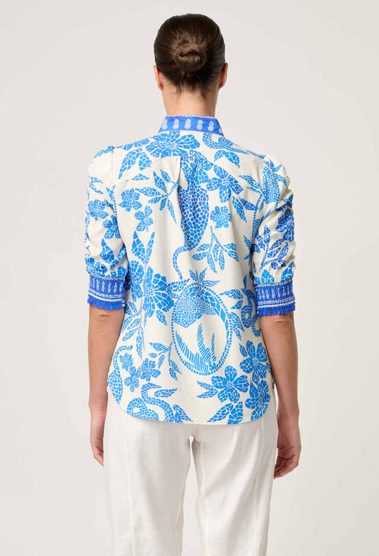 OnceWas Calantha Viscose Dobby Ruched Sleeve Shirt in Azure Mosaic